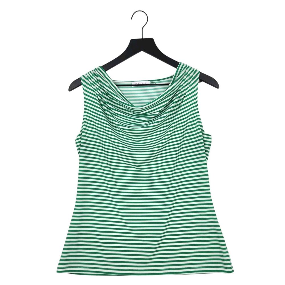 Calvin Klein Women's Drape Neck Sleeveless Top Size Medium Green Striped Spring